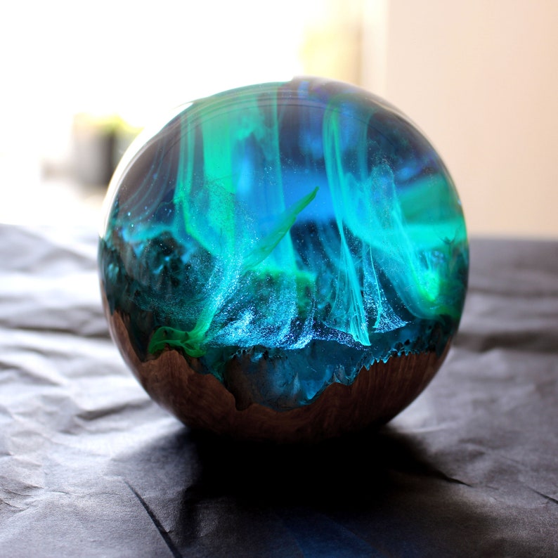 Aurora Borealis Paperweight, Wood Resin Sphere, Alaska Decor, Northern Lights Paperweight Decor, Resin Wood Globe, Northern Lights Gift image 1