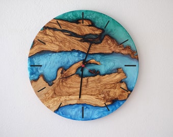 Decorative Wall Clock, Modern Resin Wood Clock, Large Kitchen Wall Clock,  Wooden Wall Art, Unique Housewarming Gift, Blue Living Room Decor