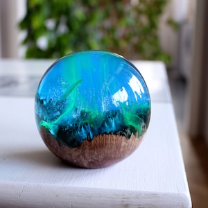 Aurora Borealis Paperweight, Wood Resin Sphere, Alaska Decor, Northern Lights Paperweight Decor, Resin Wood Globe, Northern Lights Gift image 8