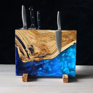 Blue Epoxy Resin Magnetic Knife Holder: Olive Wood Countertop Block