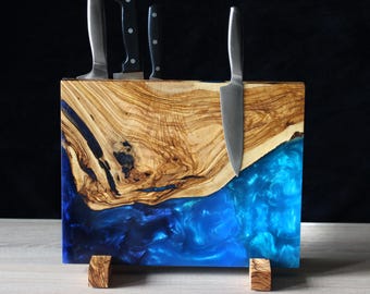 Blue Epoxy Resin Magnetic Knife Holder: Olive Wood Countertop Block