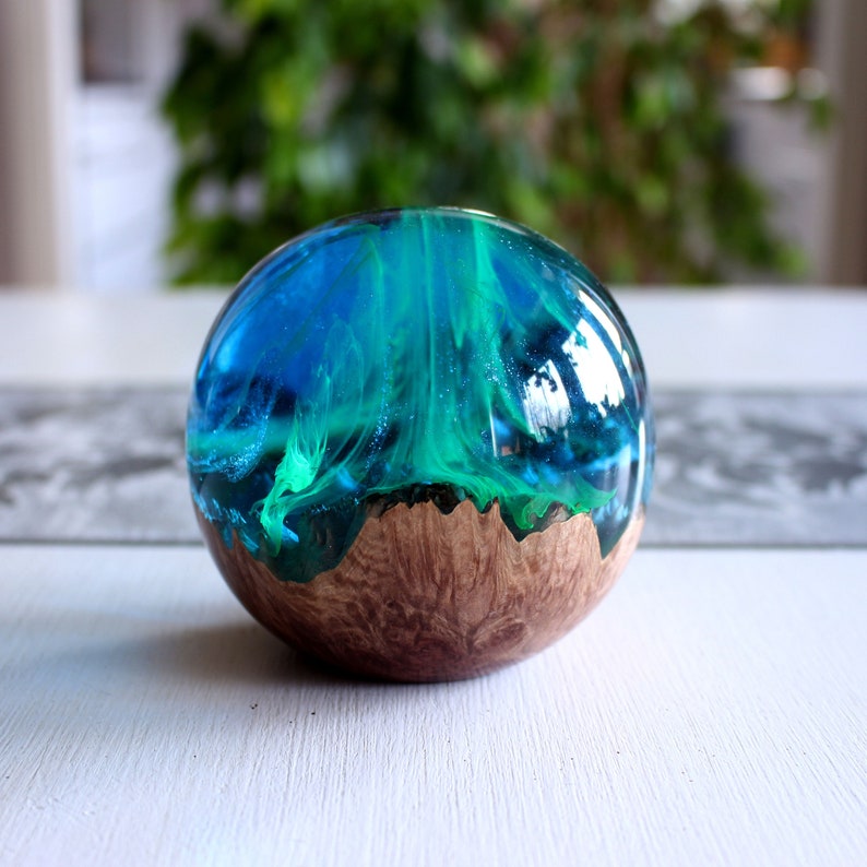 Aurora Borealis Paperweight, Wood Resin Sphere, Alaska Decor, Northern Lights Paperweight Decor, Resin Wood Globe, Northern Lights Gift image 2