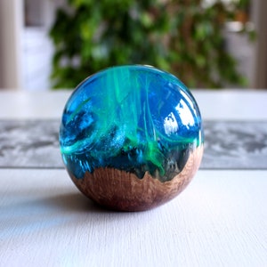 Aurora Borealis Paperweight, Wood Resin Sphere, Alaska Decor, Northern Lights Paperweight Decor, Resin Wood Globe, Northern Lights Gift image 3