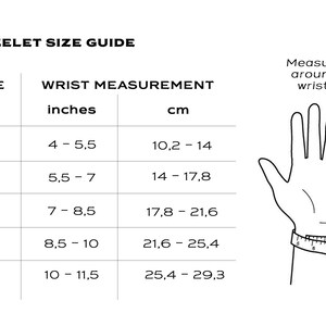 May include: A bracelet size guide chart with a hand illustration showing how to measure your wrist. The chart shows sizes XS, S, M, L, and XL with corresponding wrist measurements in inches and centimeters.