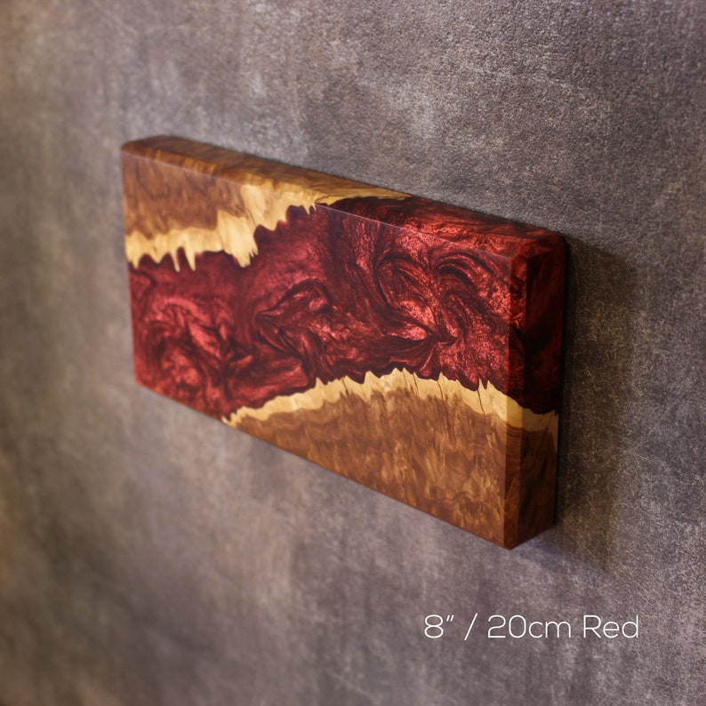 Wall hanging magnetic knife holder made of pieces of burl wood, in combination with red resin. Perfect gift for chefs & cooking enthusiasts.