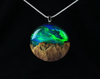 Aurora Opal Necklace, Eucalyptus Burl Wood and Resin Pendant