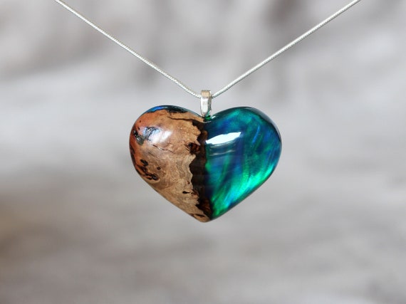 Valentines Day Gift Aurora Borealis Resin Necklace Heart Jewelry