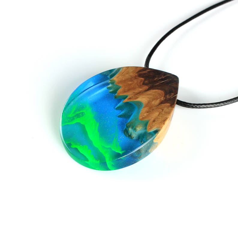 Aurora borealis necklace, 5th Anniversary Gift For Wife, Northern lights necklace, Wooden Anniversary Necklace, Wood Pendant image 7