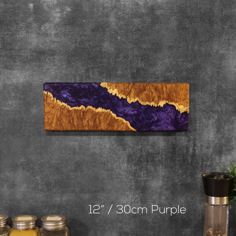 Wall hanging magnetic knife holder made of pieces of burl wood, in combination with purple resin. Perfect gift for chefs & cooking enthusiasts.