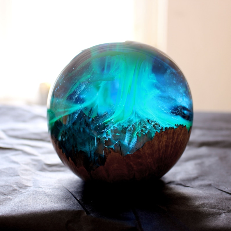 Aurora Borealis Paperweight, Wood Resin Sphere, Alaska Decor, Northern Lights Paperweight Decor, Resin Wood Globe, Northern Lights Gift image 7