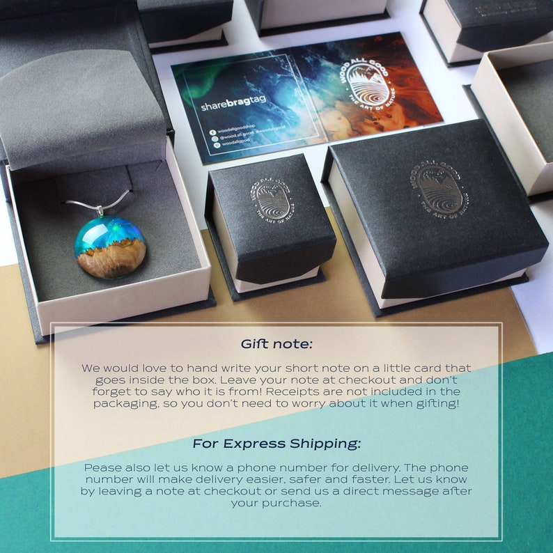 May include: A teal and brown resin pendant necklace with a silver chain. The necklace is displayed in a white box with a black lid. The box is sitting on a gray surface. The image includes text that reads "Gift note: We would love to hand write your short note on a little card that goes inside the box. Leave your note at checkout and don't forget to say who it is from! Receipts are not included in the packaging, so you don't need to worry about it when gifting! For Express Shipping: Pease also let us know a phone number for delivery. The phone number will make delivery easier, safer and faster. Let us know by leaving a note at checkout or send us a direct message after your purchase."