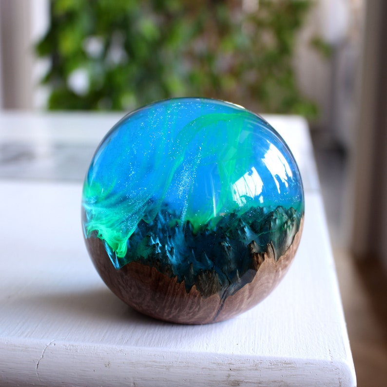 Aurora Borealis Paperweight, Wood Resin Sphere, Alaska Decor, Northern Lights Paperweight Decor, Resin Wood Globe, Northern Lights Gift image 6