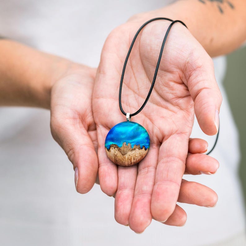 Aurora borealis opal resin and wood jewelry, Northern lights, Wood resin necklace, Resin wood necklace, Gift for Her, 5th Anniversary image 1
