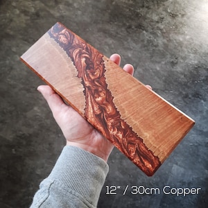 Wall hanging magnetic knife holder made of pieces of burl wood, in combination with copper resin. Perfect gift for chefs & cooking enthusiasts.