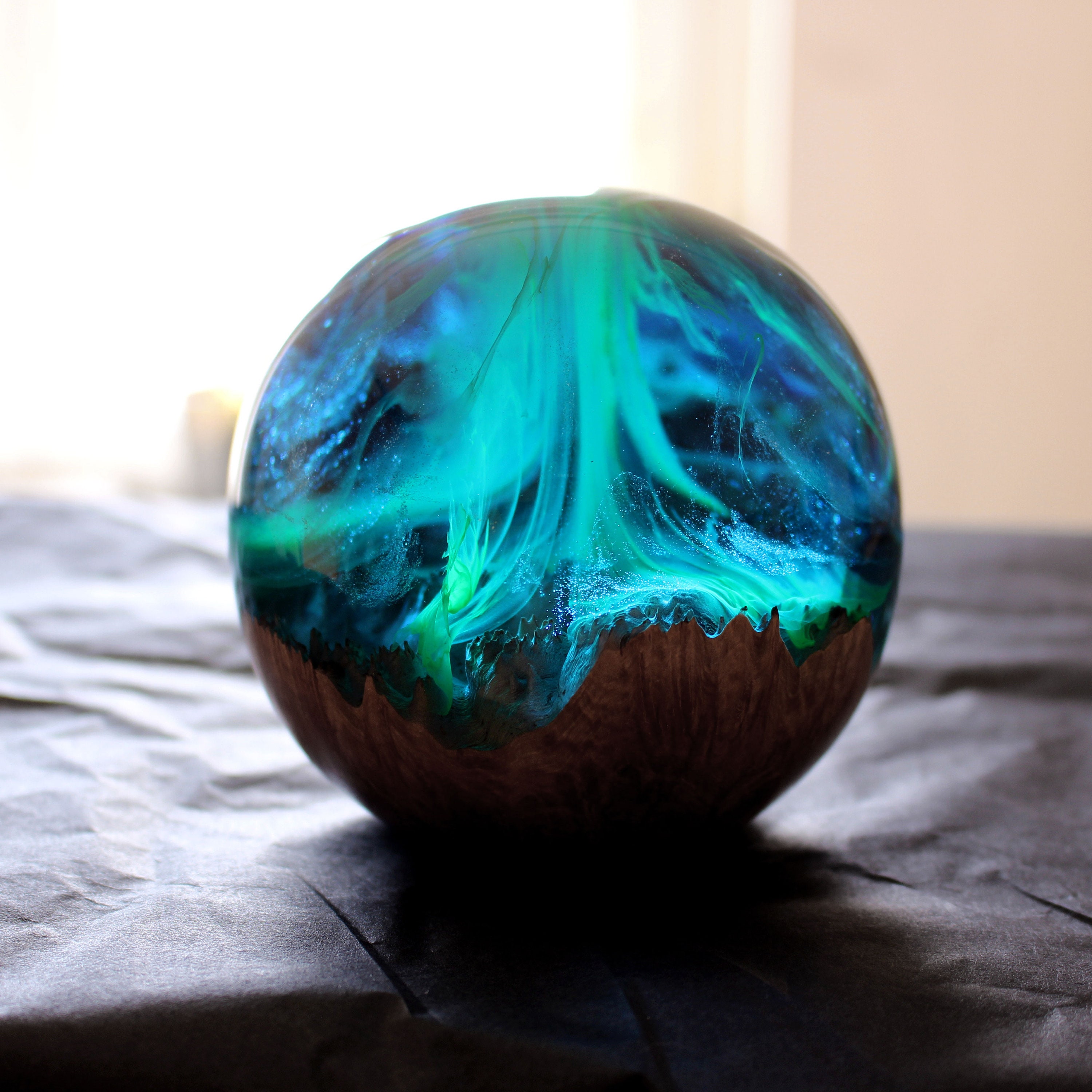 Aurora Borealis Paperweight, Wood & Resin Sphere, Northern Lights Paperweight, Resin Wood Globe, Handcrafted Wood and Resin Desk Ornament