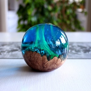 Aurora Borealis Paperweight, Wood Resin Sphere, Alaska Decor, Northern Lights Paperweight Decor, Resin Wood Globe, Northern Lights Gift image 5