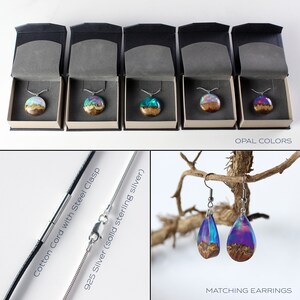 May include: Five necklaces with opal-like resin pendants in different colors, displayed in black boxes. The necklaces are available with a cotton cord with a steel clasp or a 925 silver chain. Matching earrings with a teardrop-shaped opal-like resin pendant are also shown.