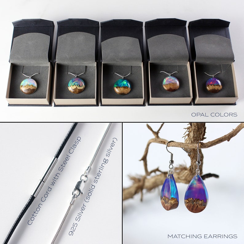 May include: Five necklaces with opal-like resin pendants in different colors, displayed in black boxes. The necklaces are available with a cotton cord with a steel clasp or a 925 silver chain. Matching earrings with a teardrop-shaped opal-like resin pendant are also shown.