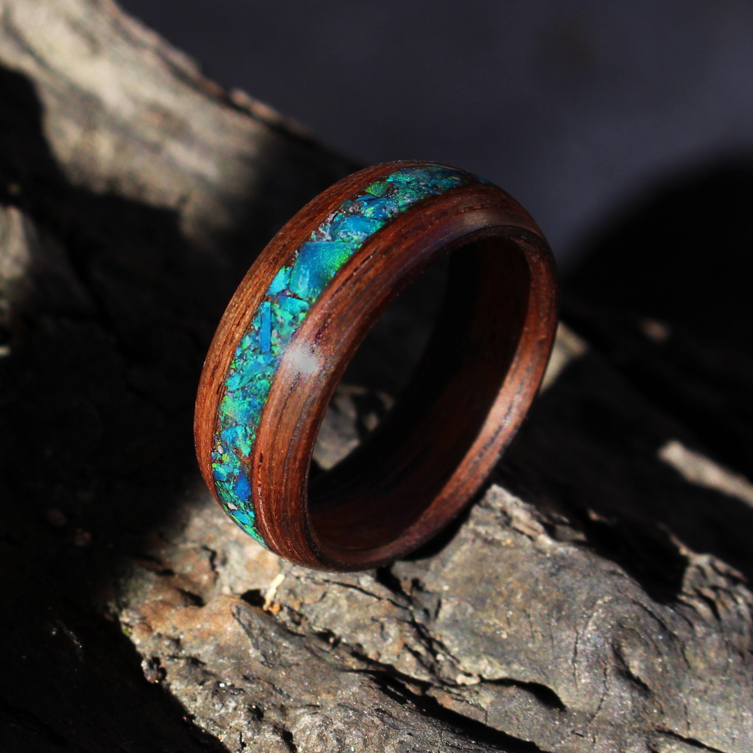 Bentwood Ring, Prism Rosewood Wooden Ring with Ethiopian Fire Opal -  Bentwood Jewelry Designs - Custom Handcrafted Bentwood Wood Rings