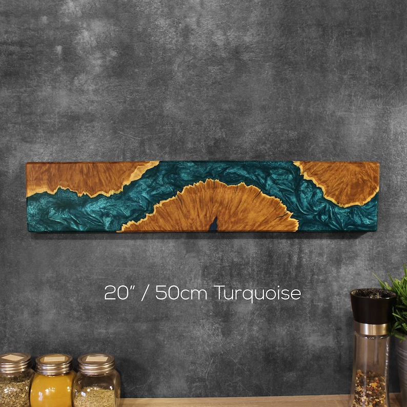 Wall hanging magnetic knife holder made of pieces of burl wood, in combination with turquoise resin. Perfect gift for chefs & cooking enthusiasts.