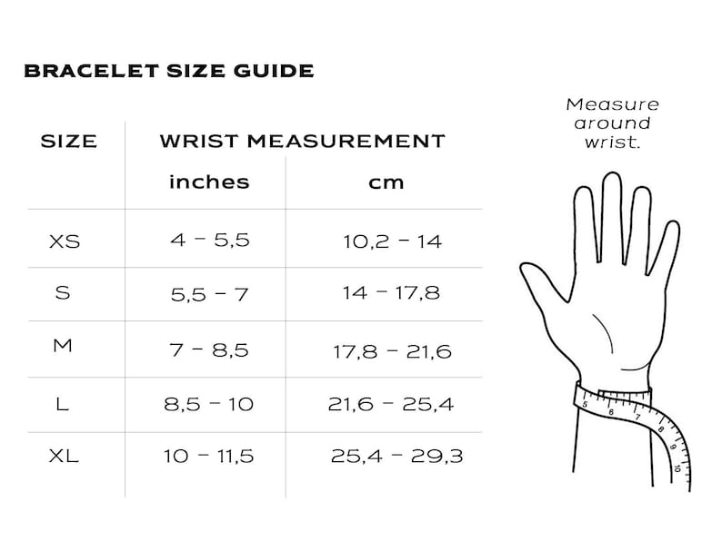 May include: A bracelet size guide chart with a hand illustration showing how to measure your wrist. The chart shows sizes XS, S, M, L, and XL with corresponding wrist measurements in inches and centimeters.