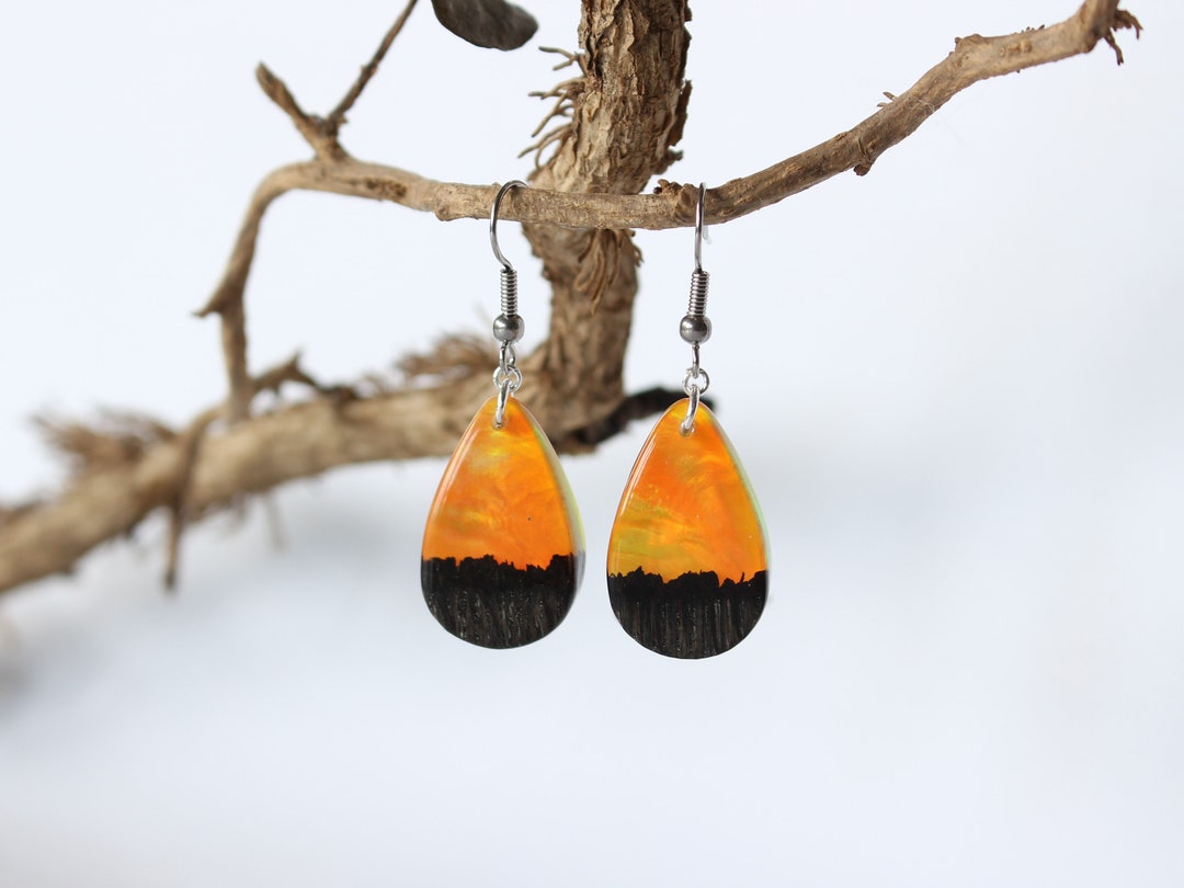 Orange Opal Earrings Opal, Black Oak and Resin Dangle Earrings
