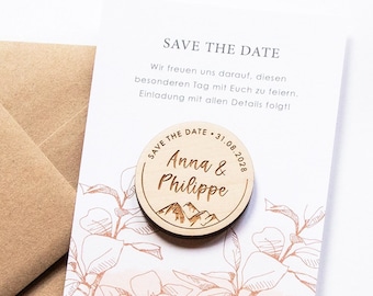Save the Date Card with Magnet Made of Wood Personalized Invitations Wedding Mountain Motif