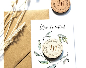 Save-the-Date Karte mit Magnet & Umschlag, Hochzeitseinladung Holzmagnet