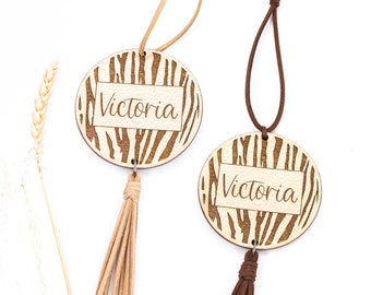 Personalized Name Tag Wooden Gift for Women Bag Charm Tassel Tiger Stripes