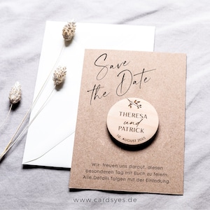 Save-the-date card with wooden magnet & envelope, kraft paper image 1