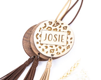 Personalized name tag wooden gift for women leopard print bag charm tassel