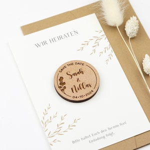 Magnete in legno salva la data con busta in carta kraft personalizzata per inviti salva la data