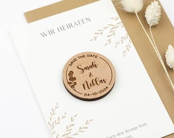 Wood magnet with card & kraft paper envelope, personalized Save the Date