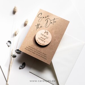 Save-the-date card with wooden magnet & envelope, kraft paper image 4