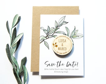 Save the Date Karte mit Holz Magnet, moderne Hochzeitseinladungen, personalisierte Gastgeschenke