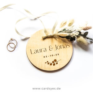 Personalized wedding ring pillow, wooden ring holder with dried flowers image 2