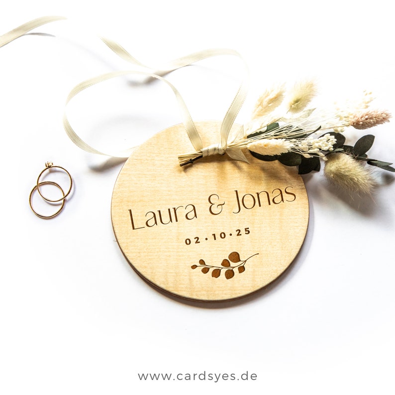 Personalized wedding ring pillow, wooden ring holder with dried flowers image 2