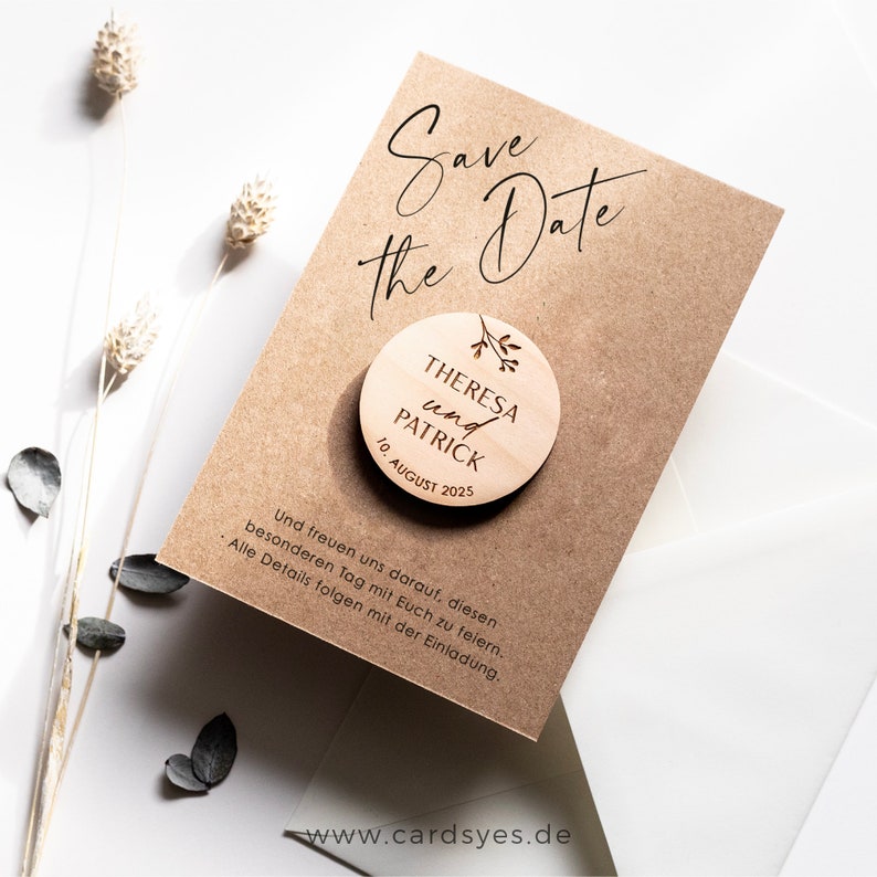 Save-the-date card with wooden magnet & envelope, kraft paper image 8