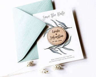 Save the Date Karte mit Magnet Hochzeitseinladung Eukalyptus personalisiertes Holzmagnet