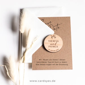 Save-the-date card with wooden magnet & envelope, kraft paper Holzmagnet Set