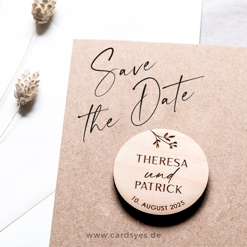 Save-the-date card with wooden magnet & envelope, kraft paper image 3