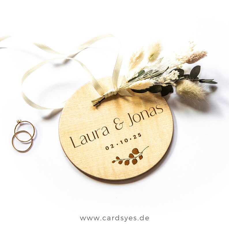 Personalized wedding ring pillow, wooden ring holder with dried flowers image 5