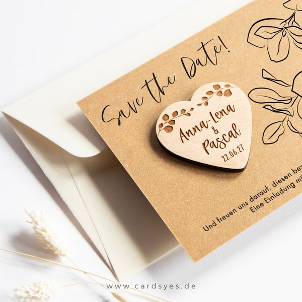 Heart-shaped save-the-date magnet with kraft paper card