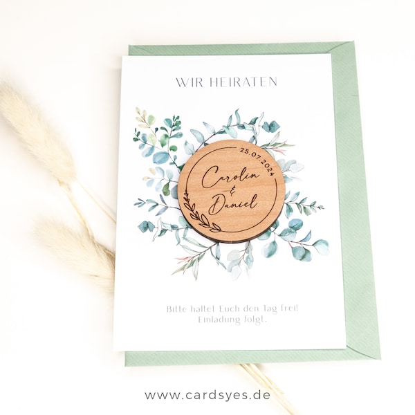 Holzmagnet mit Save-the-Date Karte & Umschlag