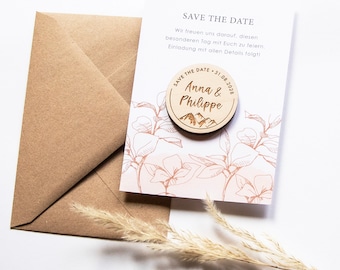 Save the Date card with magnet made of wood personalized invitations wedding mountain motif