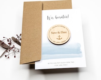 Save the Date card with wooden magnet Wedding Maritim