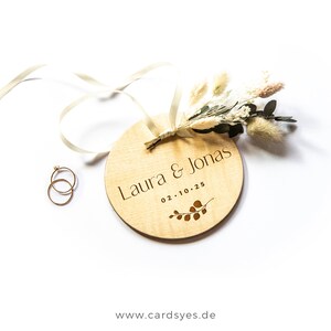 Personalized wedding ring pillow, wooden ring holder with dried flowers image 9