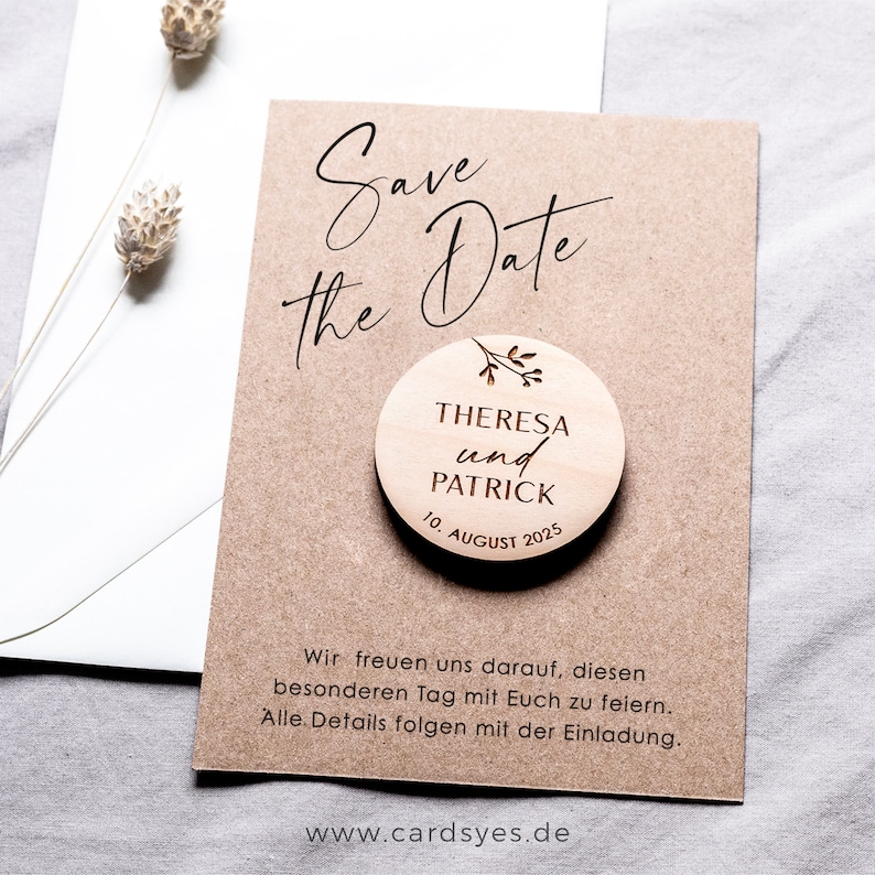 Save-the-date card with wooden magnet & envelope, kraft paper image 6