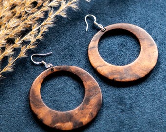 Wooden earrings, handmade hoop earrings made of oak and silver