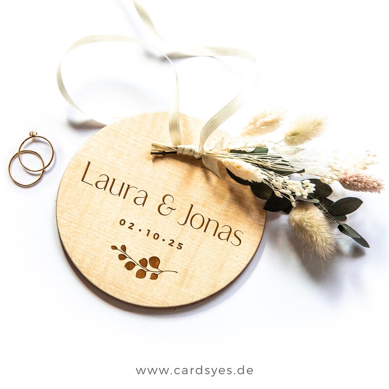 Personalized wedding ring pillow, wooden ring holder with dried flowers image 10